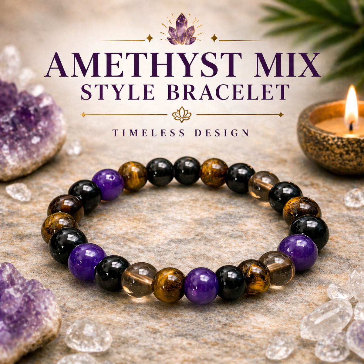 Amethyst Mix Style Beaded Bracelet – 8mm Stretch Multi-Tone Design