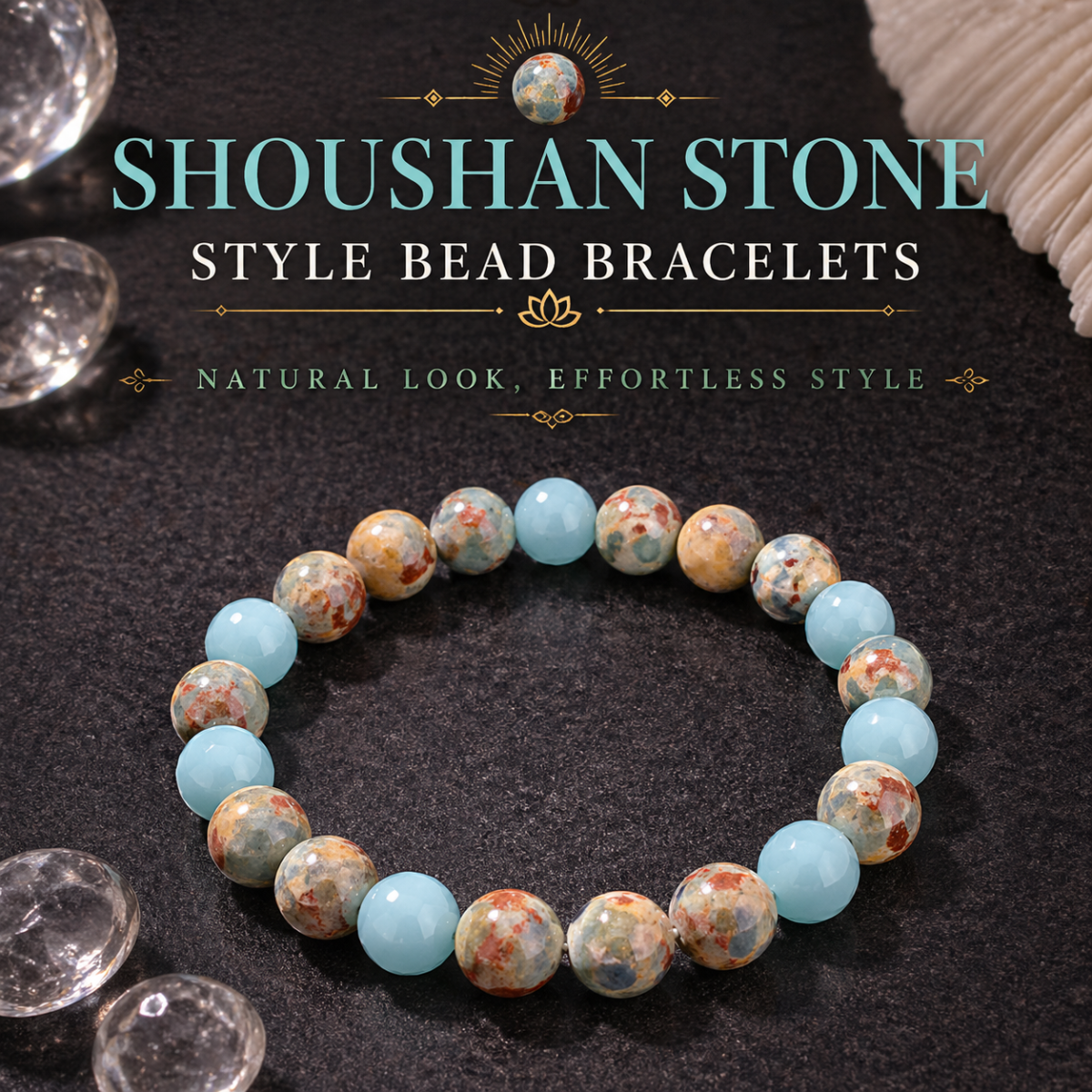 Shoushan-Style Bead Bracelet, 8mm Round Beads, Stretch Fit