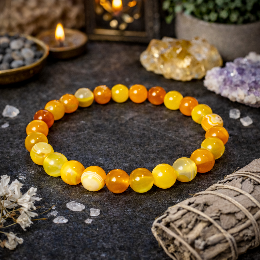Yellow Agate-Style Beaded Stretch Bracelet, 8mm Smooth Round Beads