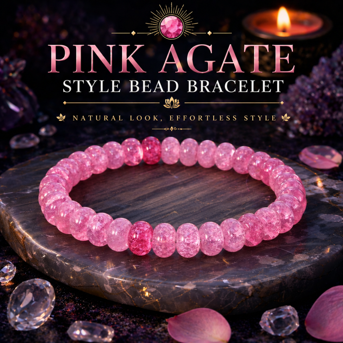 Pink Agate Style Bead Bracelet, 8mm Cracked, Stretch Fit