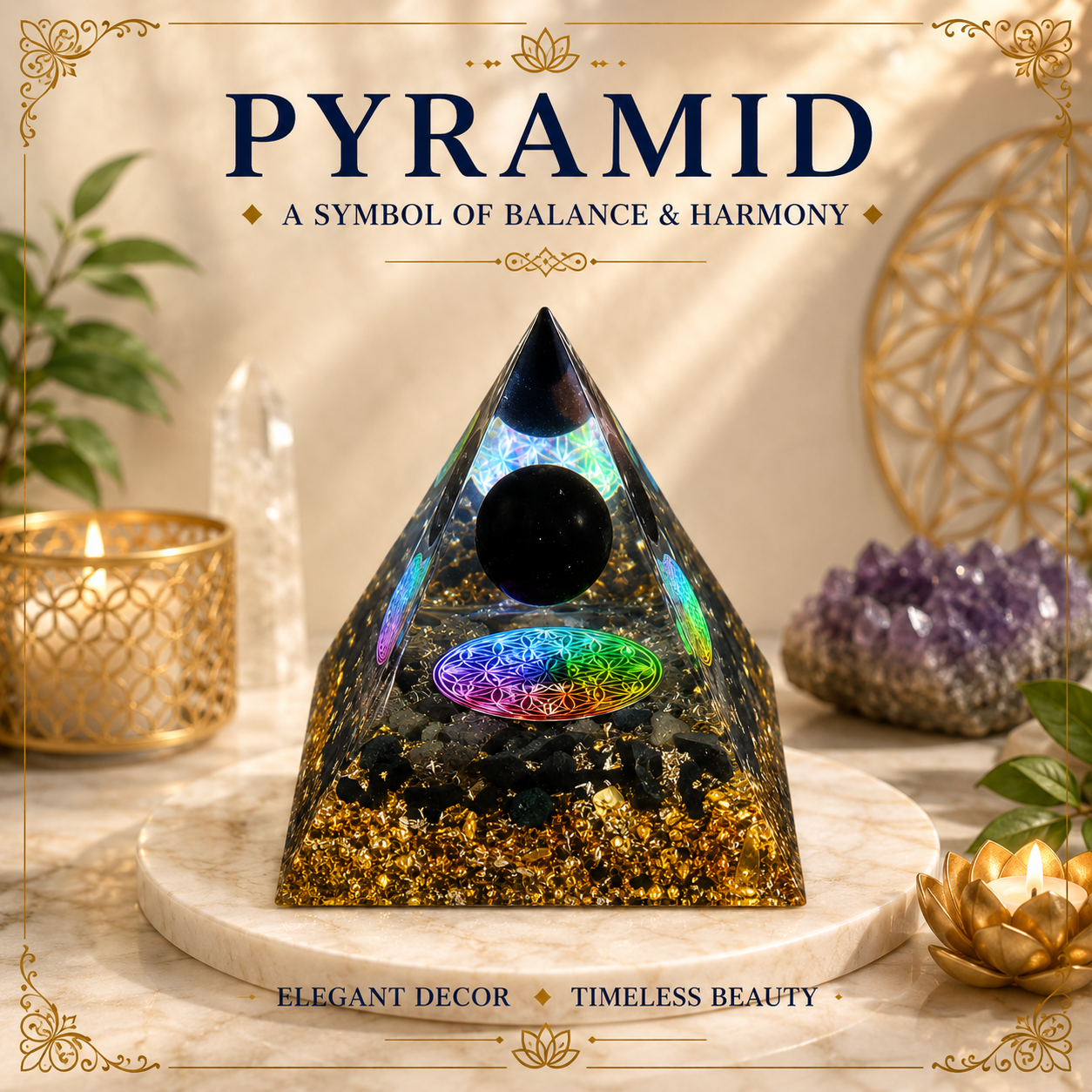 Black & Gold Resin Pyramid Desk Display – 5cm