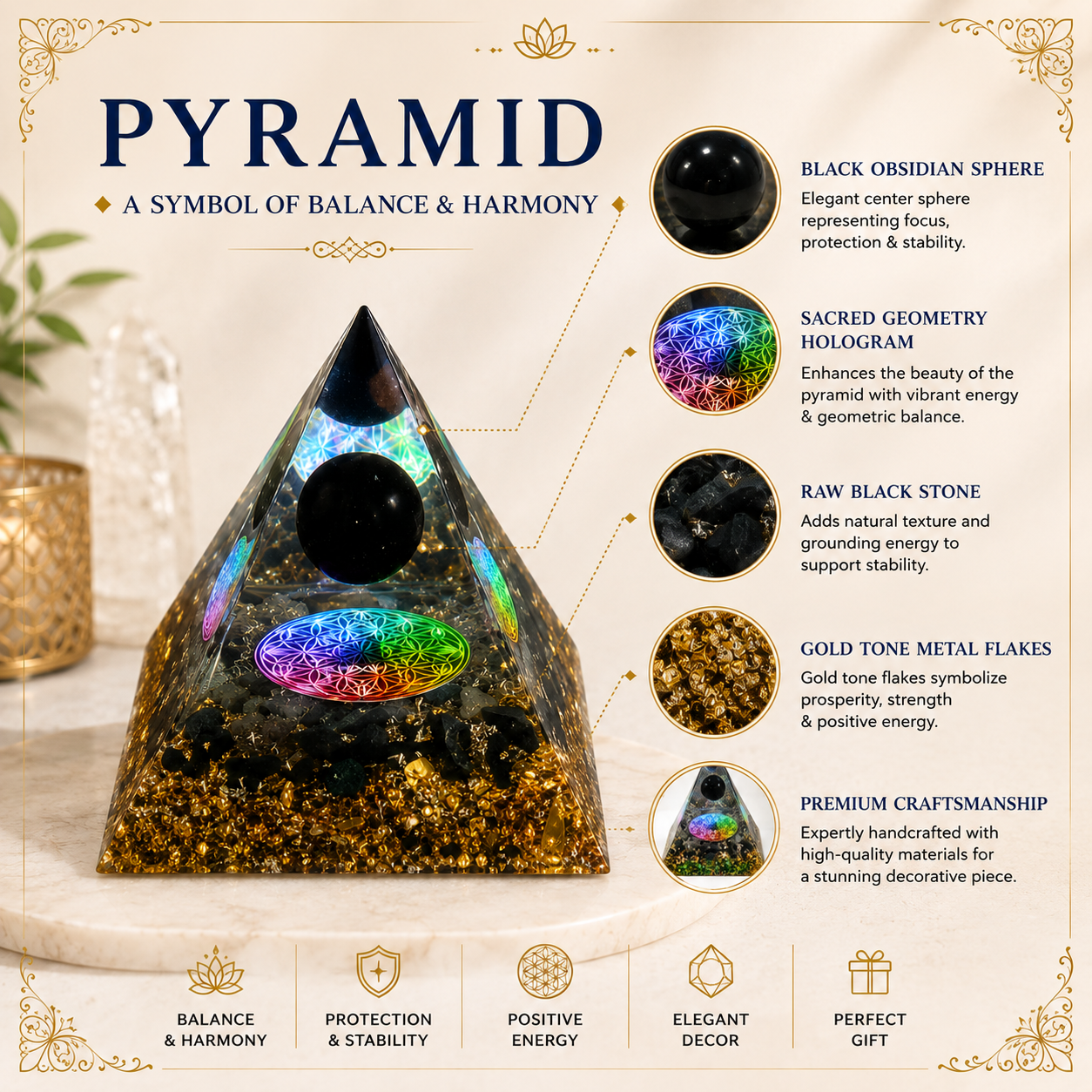 Black & Gold Resin Pyramid Desk Display – 5cm - Image 3