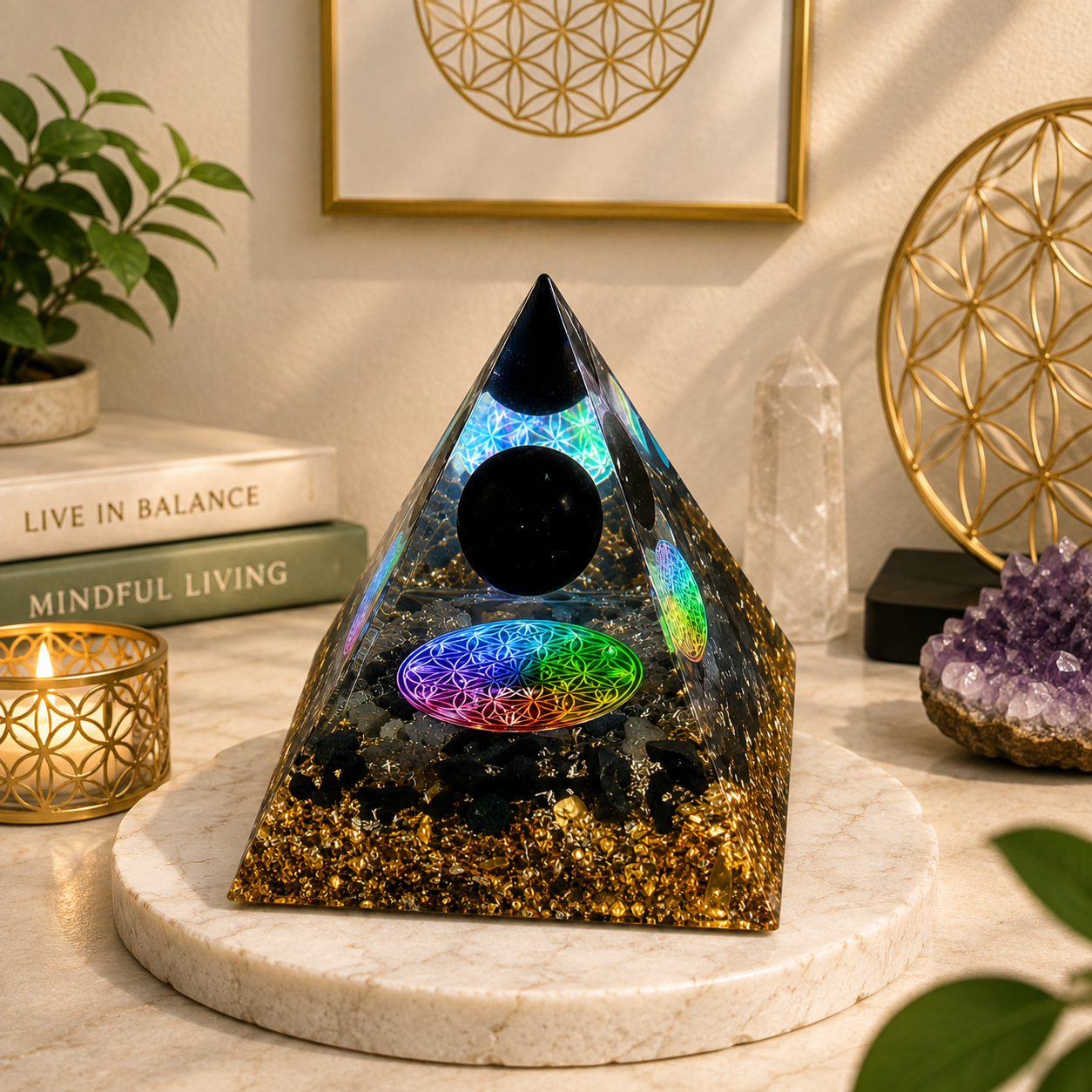 Black & Gold Resin Pyramid Desk Display – 5cm - Image 2