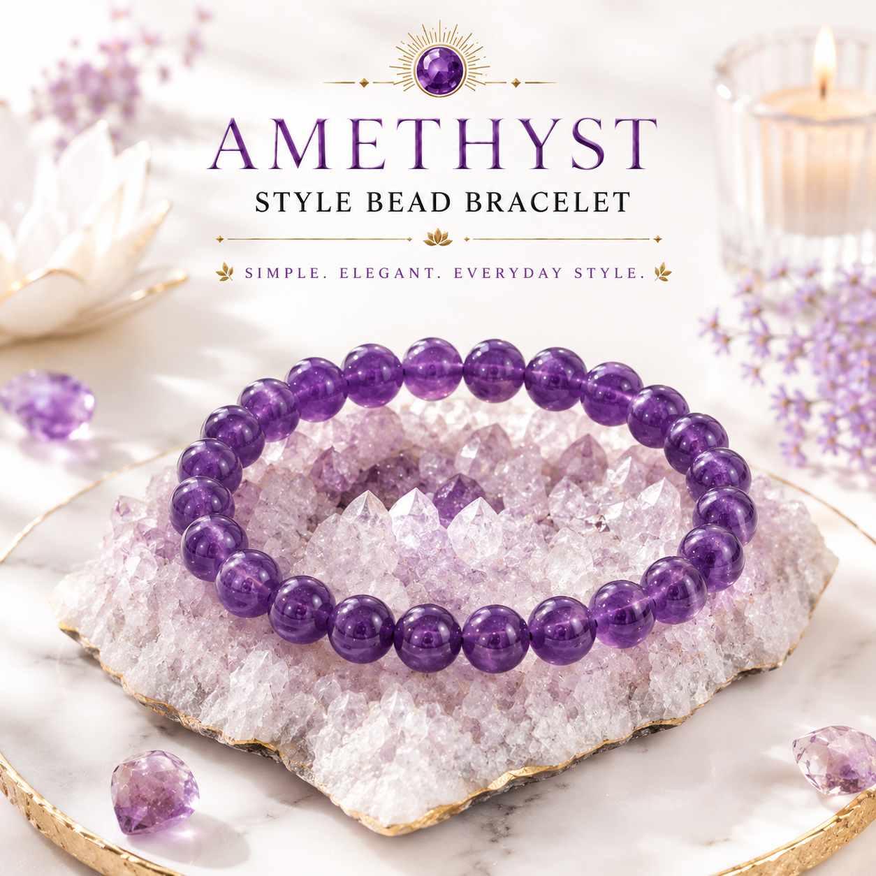 Amethyst-Style Bead Bracelet, Stretch Fit