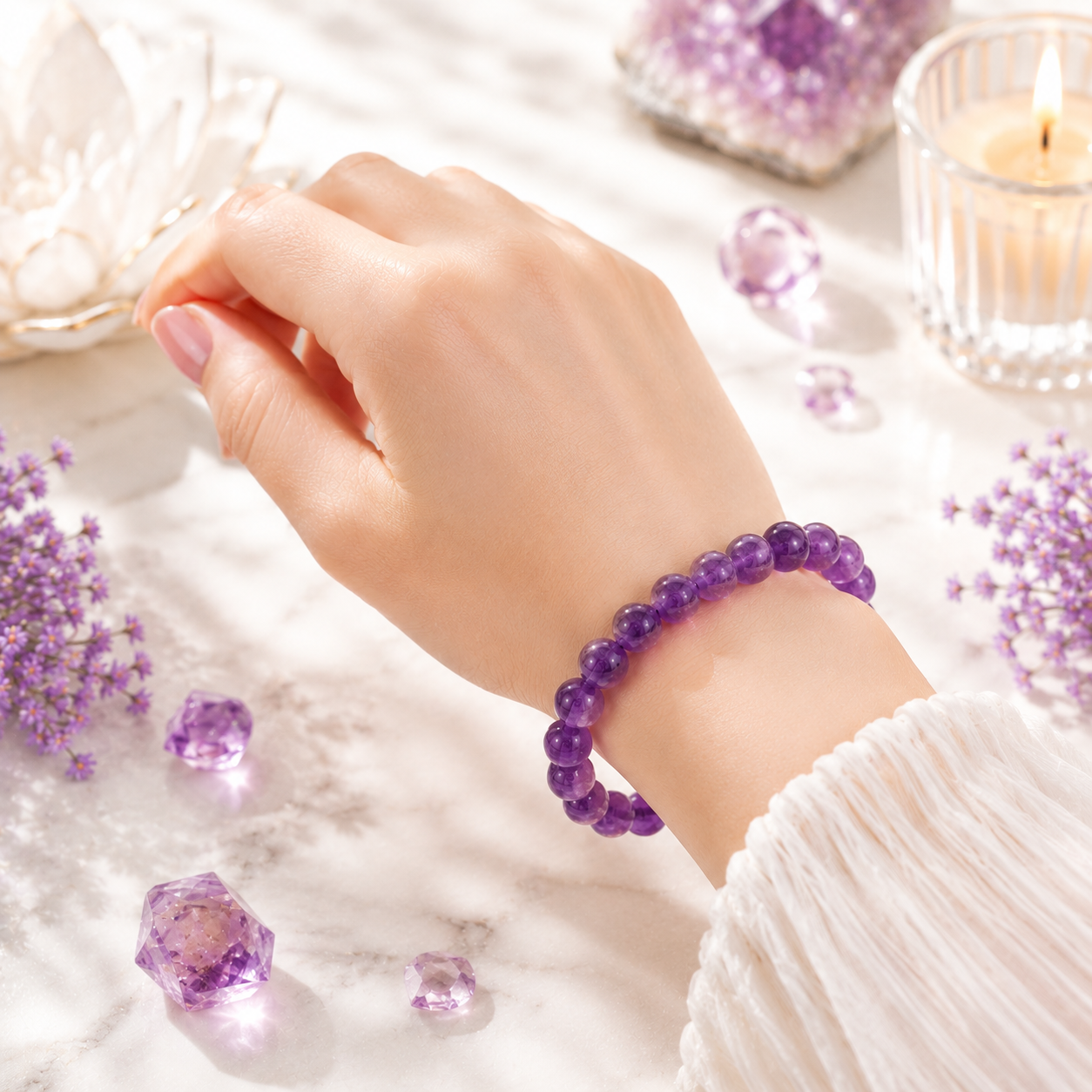 Amethyst-Style Bead Bracelet, Stretch Fit - Image 4