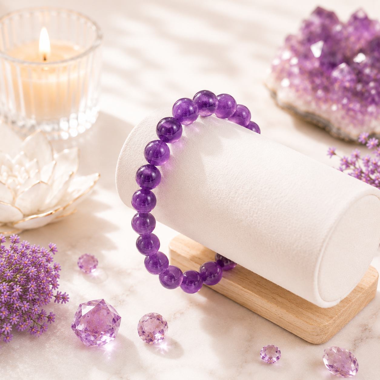 Amethyst-Style Bead Bracelet, Stretch Fit - Image 3