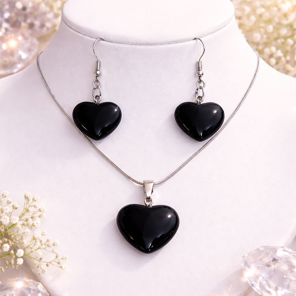 Obsidian Style Heart Pendant & Earrings Gift Set – 0.75 Inch
