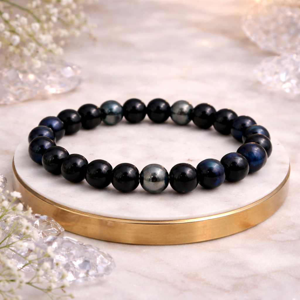 Blue Tiger-Style Bead Stretch Bracelet – 8mm Round Beads