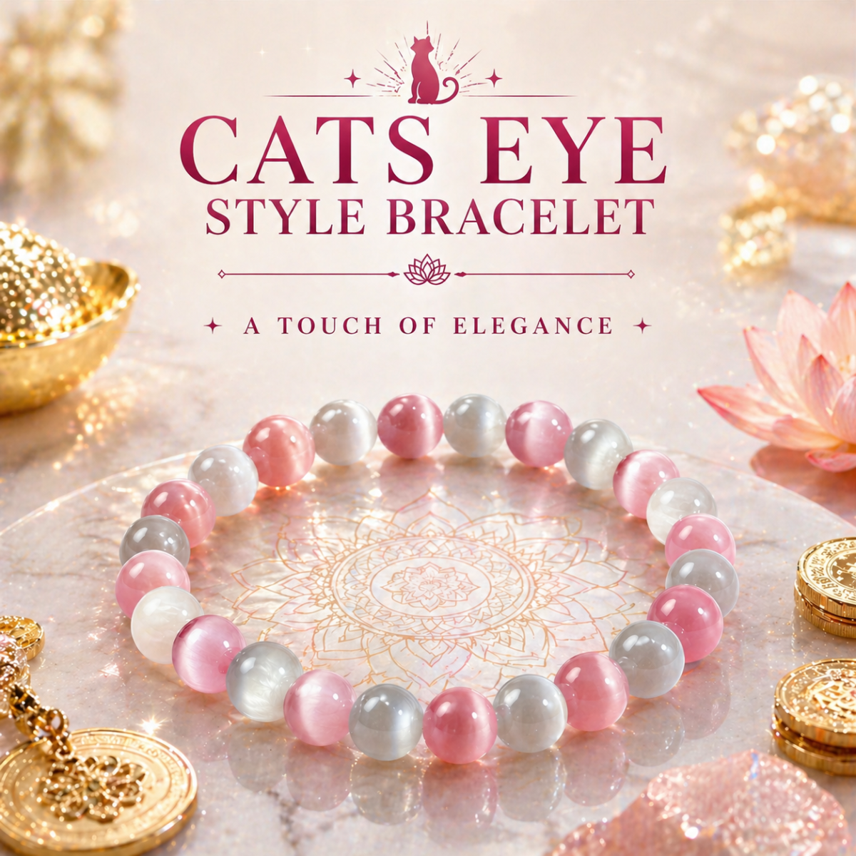 Pink Cat’s Eye Style Bead Stretch Bracelet – 8 mm Beads