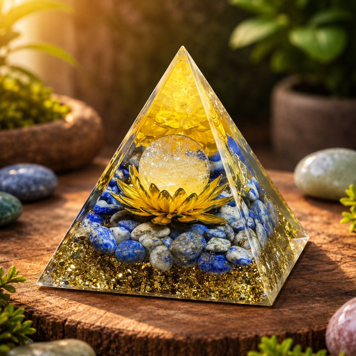 Decorative Resin Pyramid Display with Lotus & Sphere – 5cm