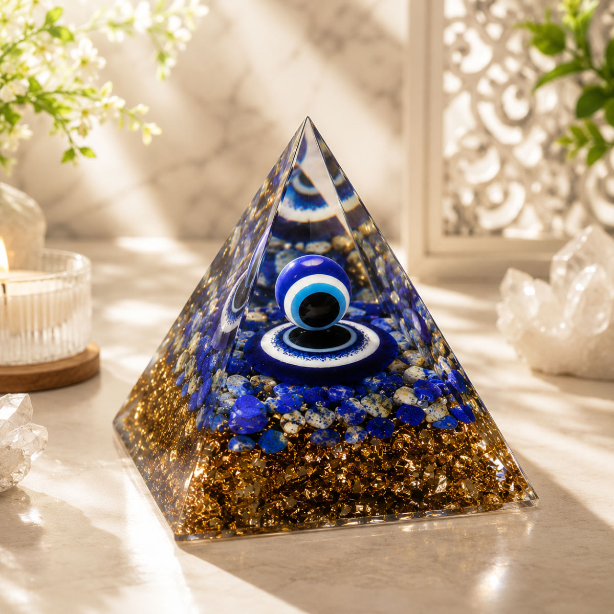 Decorative Resin Pyramid Display with Blue Eye Design – 5cm