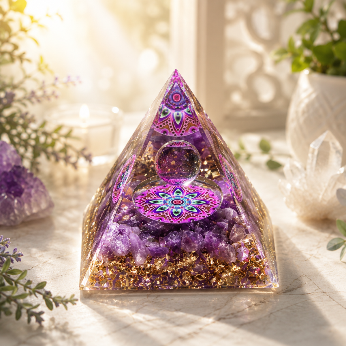 Decorative Pyramid with Crystal Sphere & Purple Artistic Design – 5cm