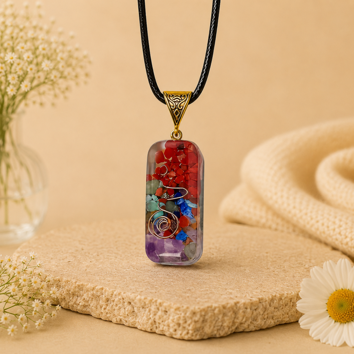 Chakra Style Chips Pendant Necklace – Rectangle - With Cord