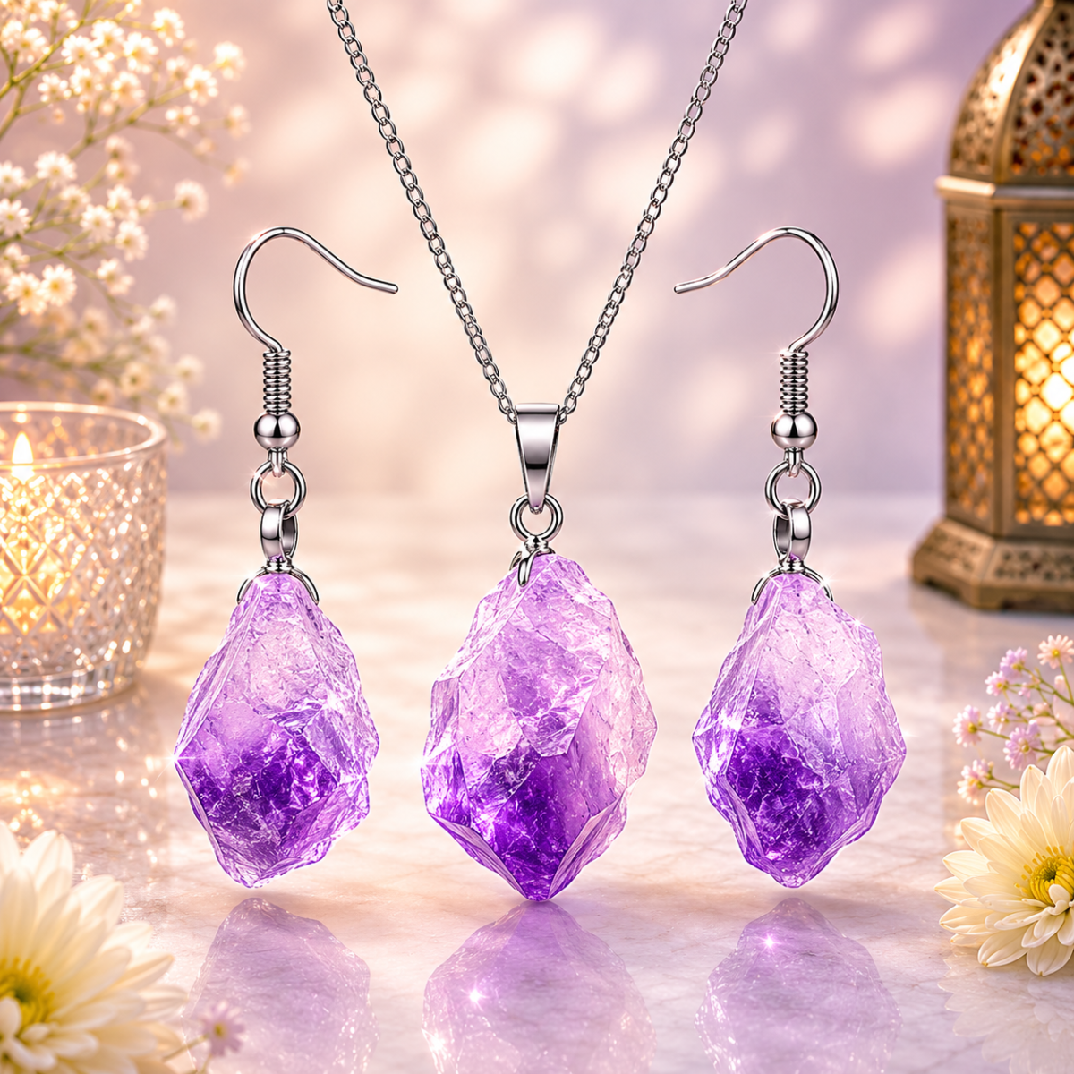 Amethyst Crystal-Style Necklace & Earrings Jewelry Set