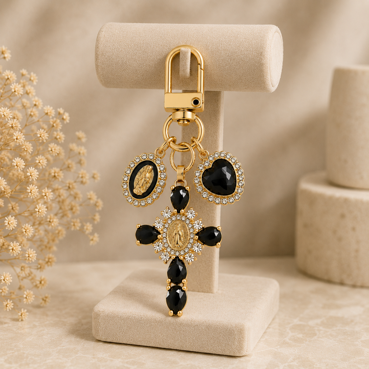 Black Crystal Cross Metal Keychain - Image 4