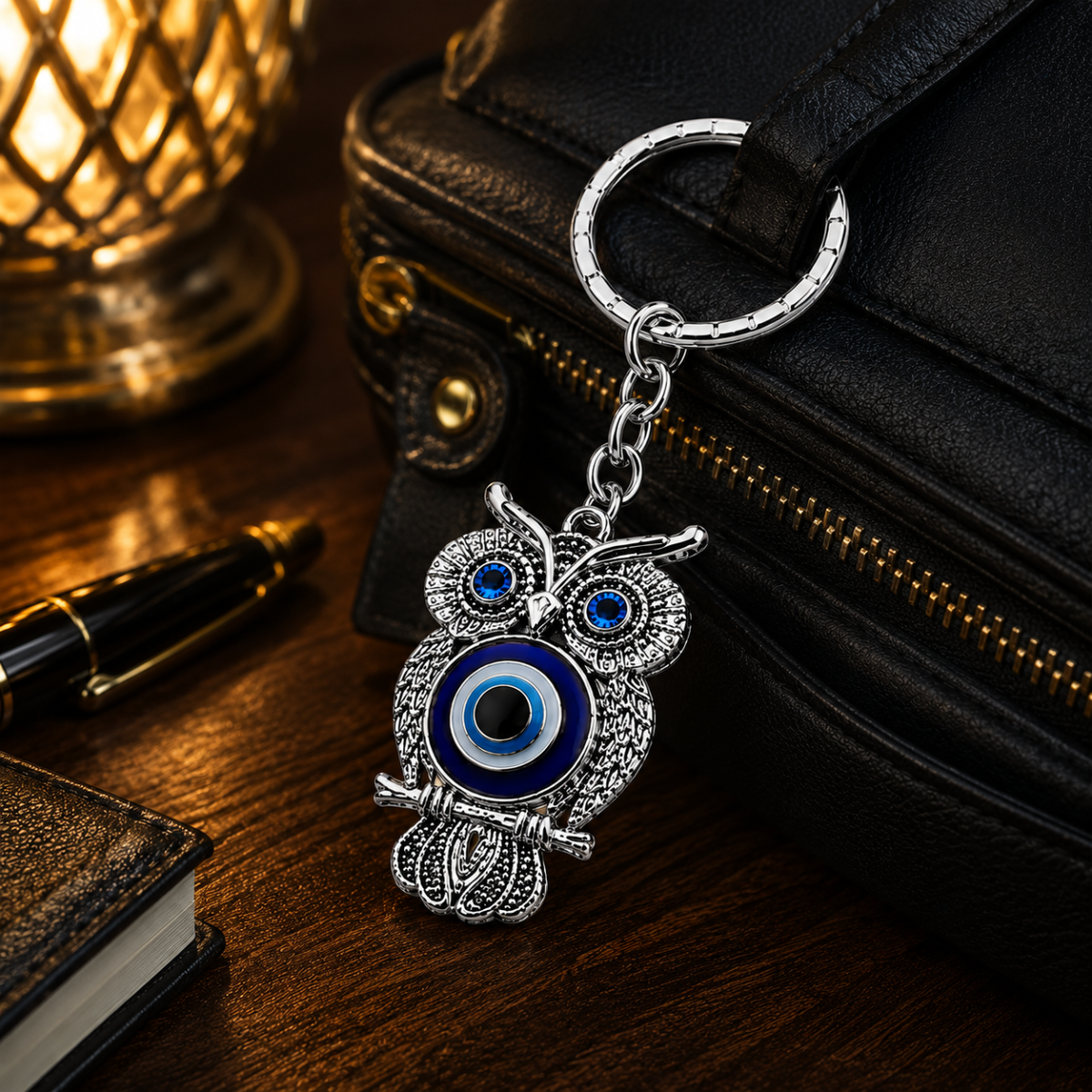 Metal Owl Keychain with Blue Eye Accent