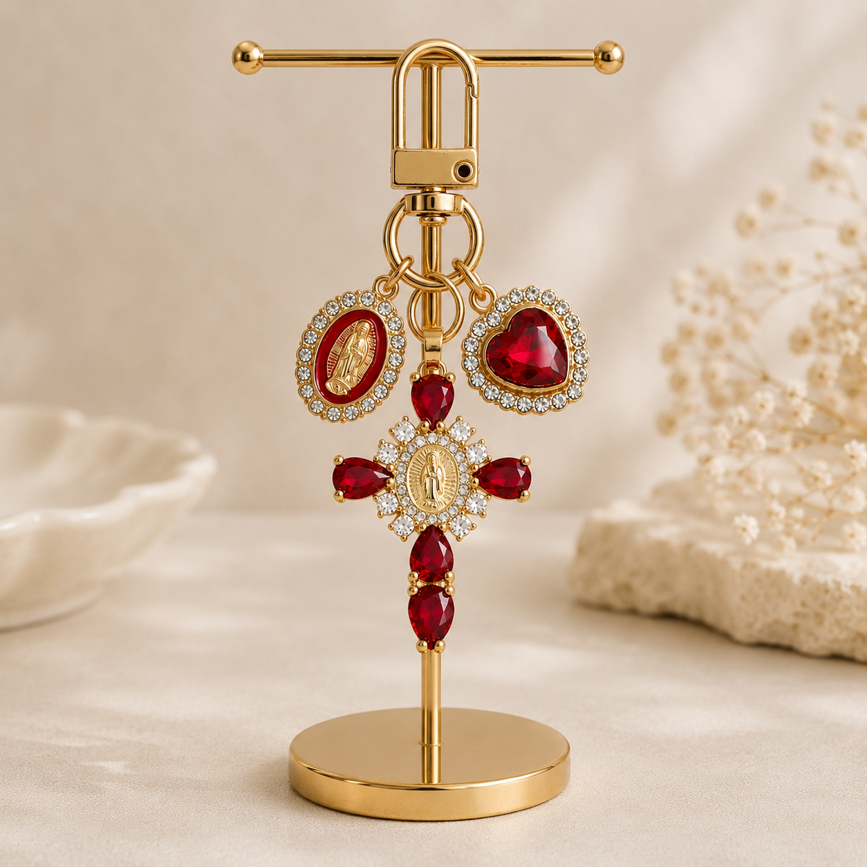Red Crystal Cross Metal Keychain - Image 4