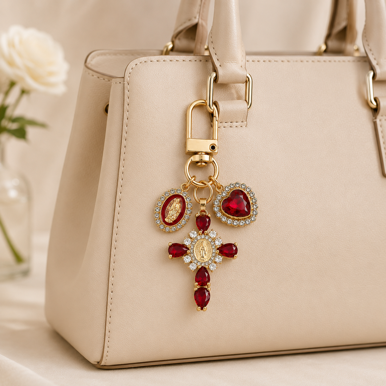 Red Crystal Cross Metal Keychain - Image 2