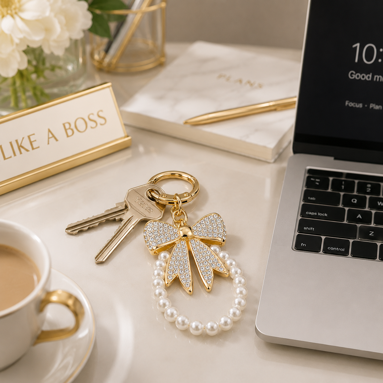 White Designer Bow Pearl Charm Keychain - Image 3