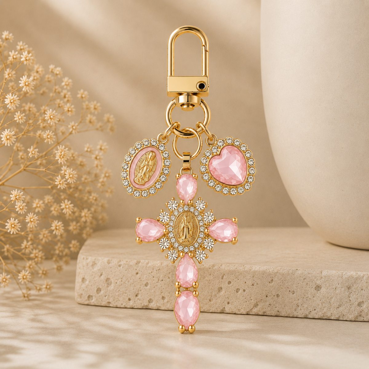 Pink Crystal Cross Metal Keychain