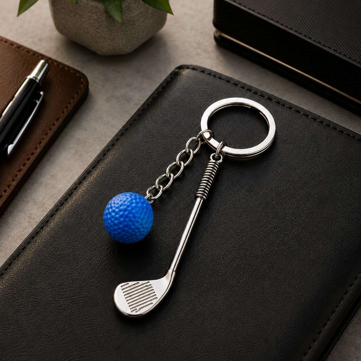 Golf Club & Ball Metal Keychain – Blue Golf Ball