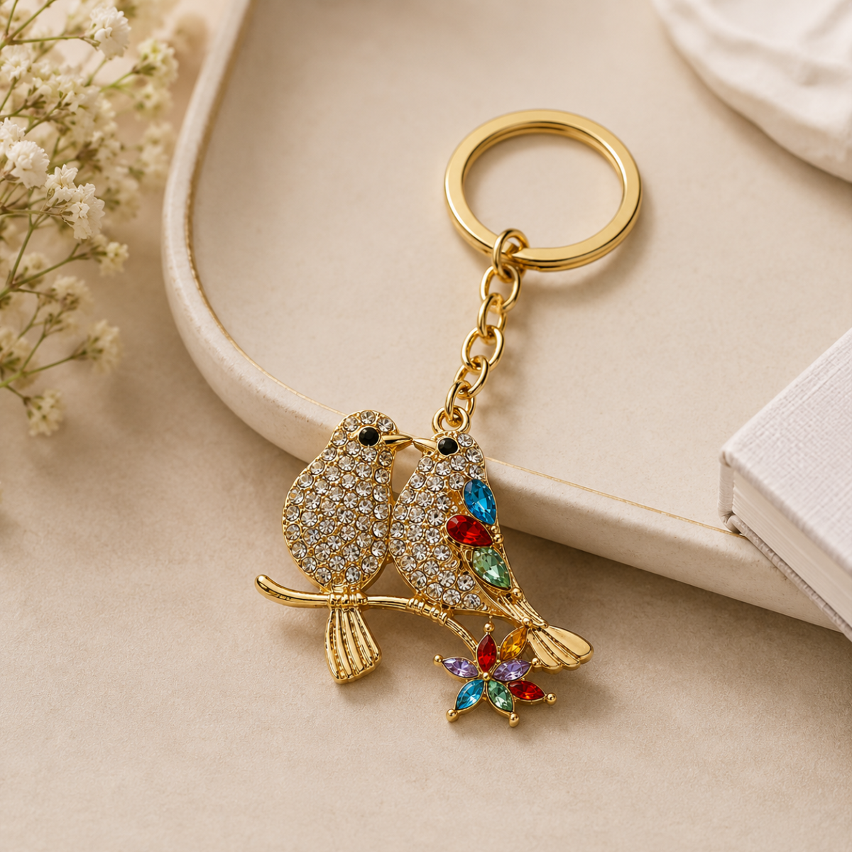 Colorful Love Birds Decorative Metal Keychain