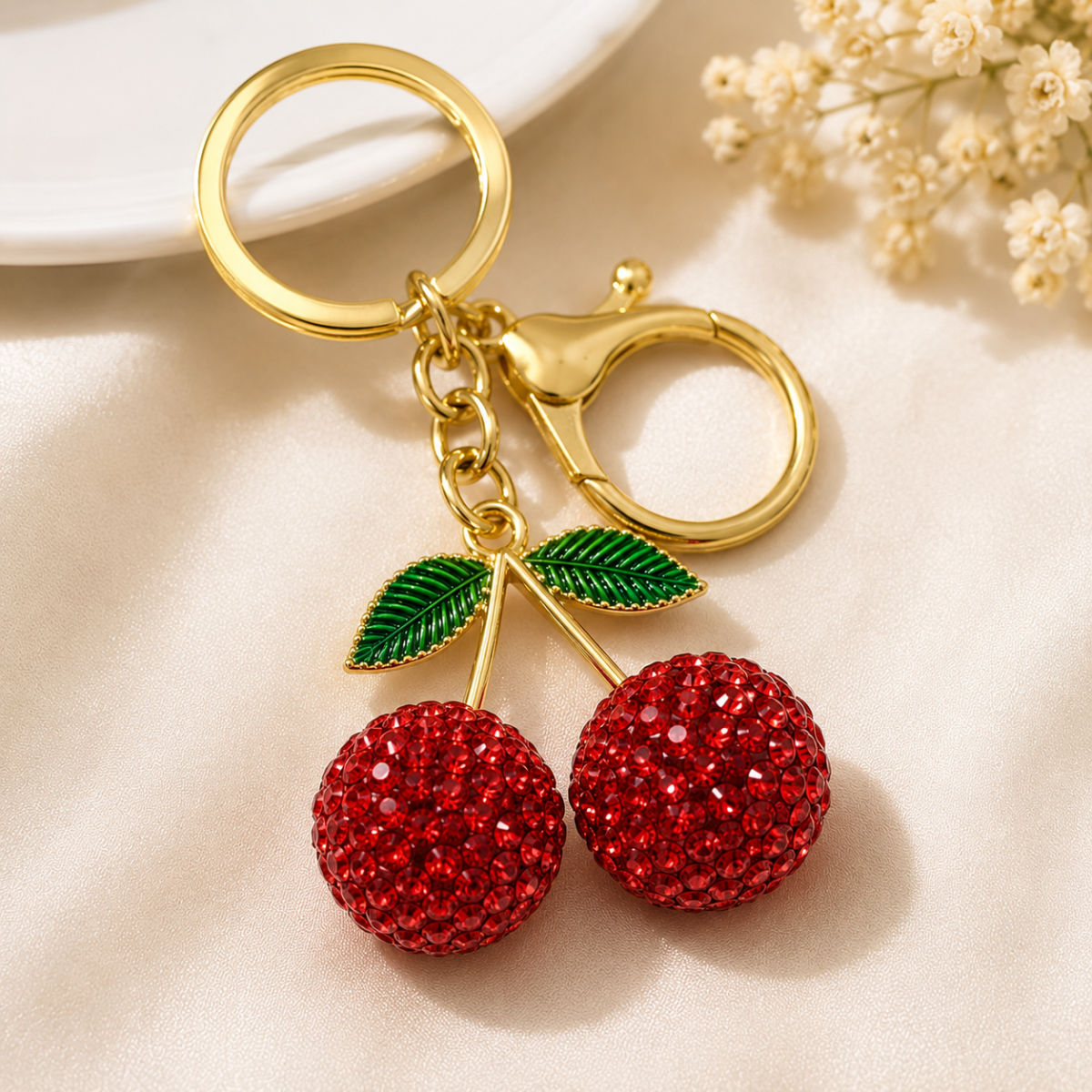 Crystal Cherry Decorative Metal Keychain with Clip