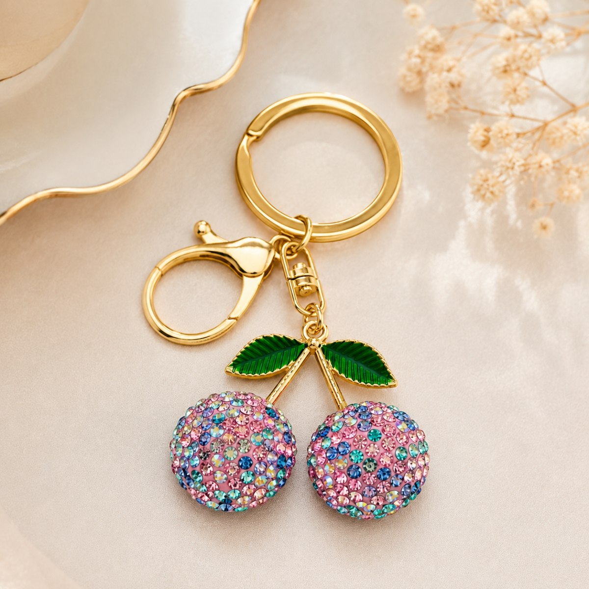 Crystal Cherry Decorative Metal Keychain with Clip