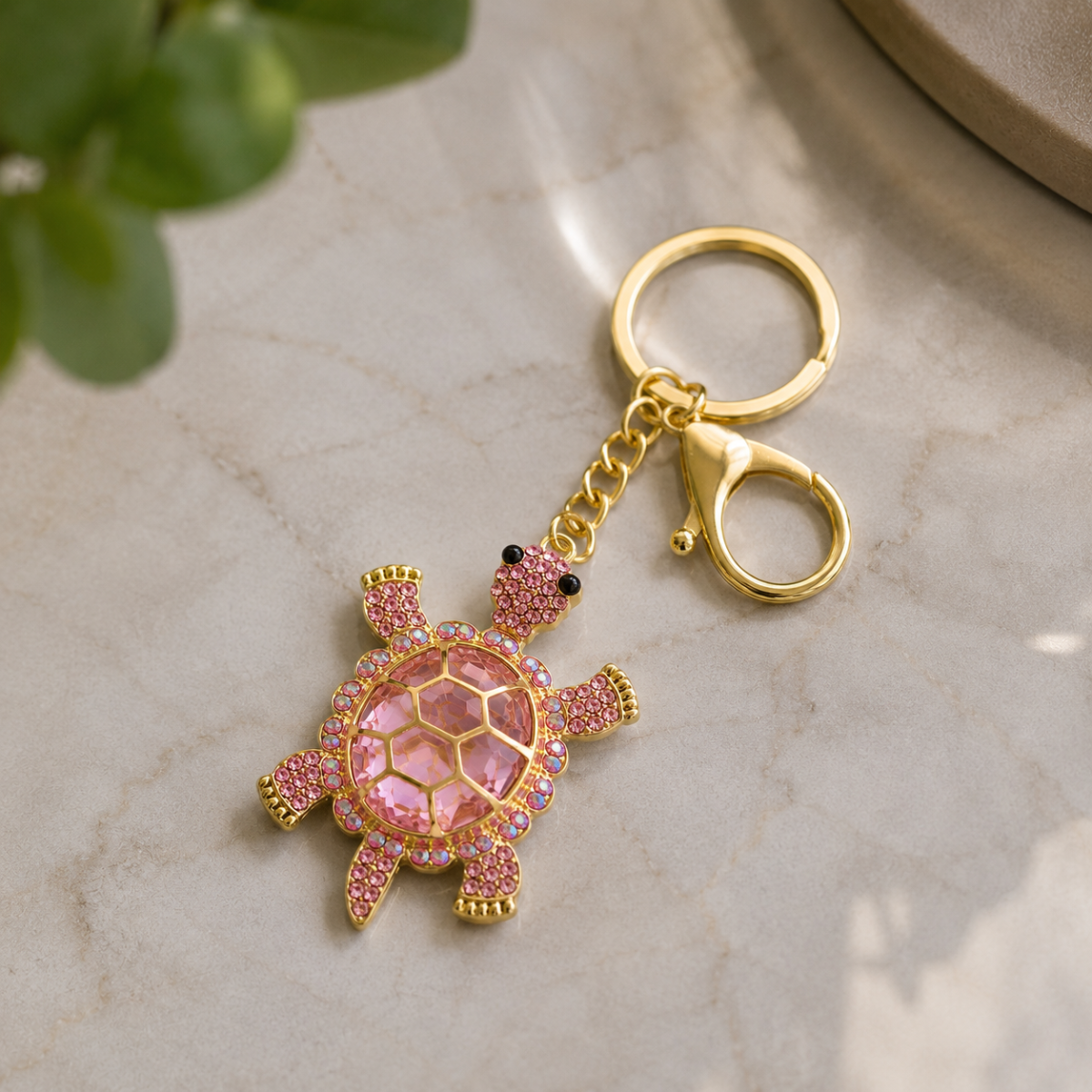 Crystal Pink Turtle Decorative Metal Keychain with Clip