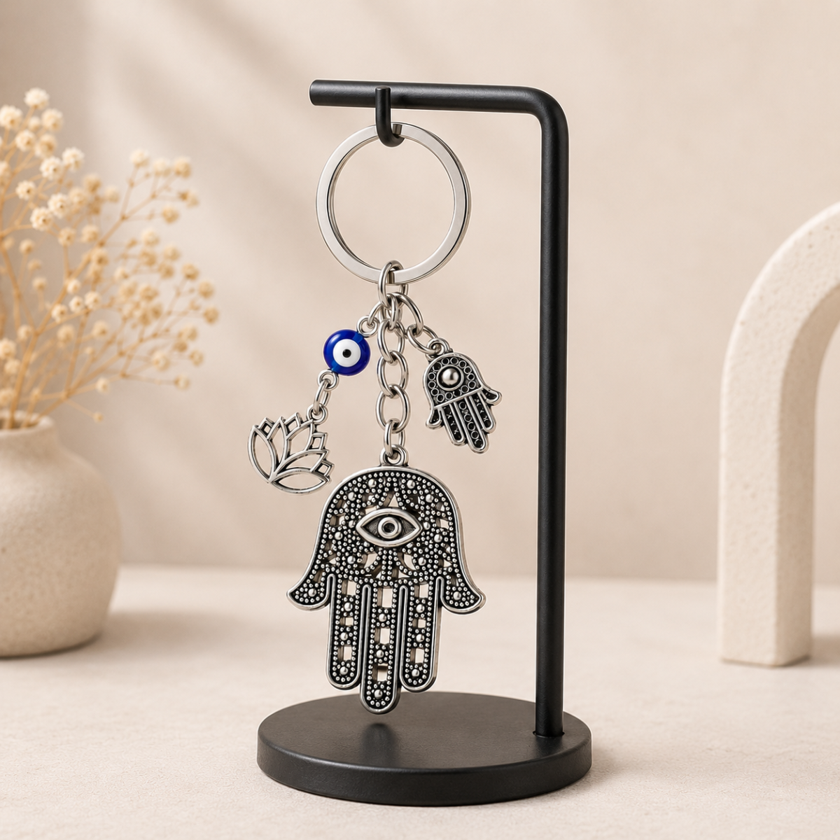 Evil Eye Hamsa Hand Lotus Metal Keychain