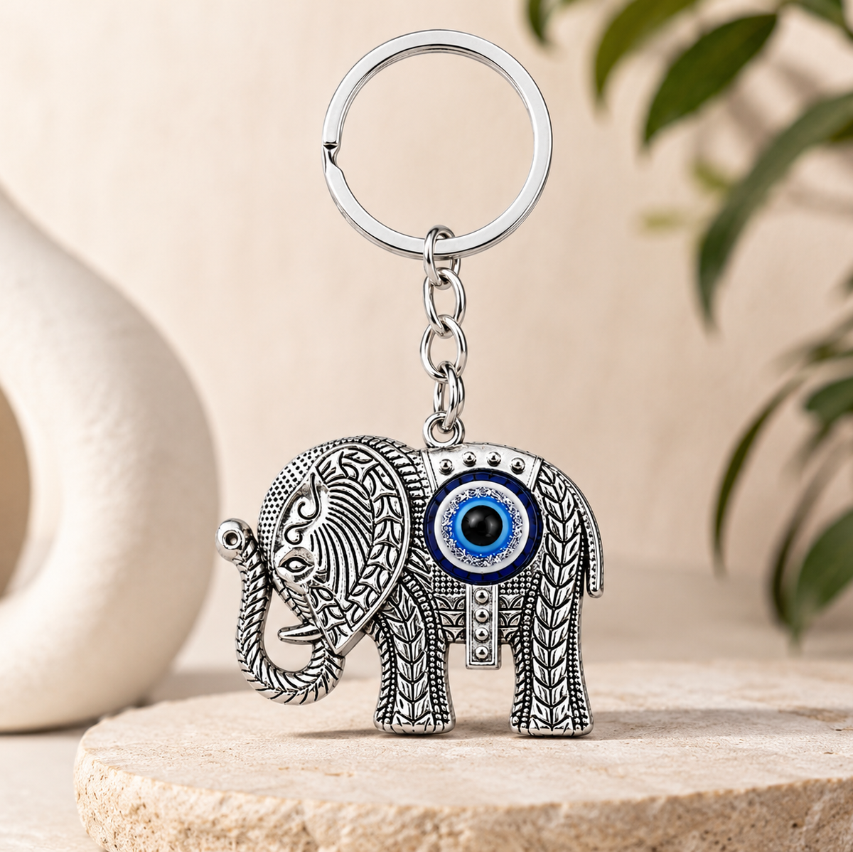 Elephant & Evil Eye Metal Keychain