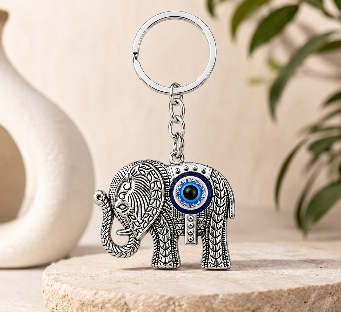 Elephant & Evil Eye Metal Keychain