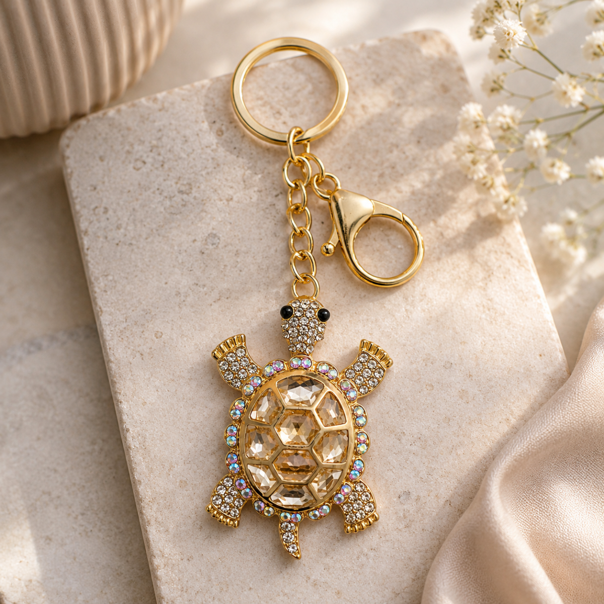 Crystal Sea Turtle Decorative Metal Keychain with Clip