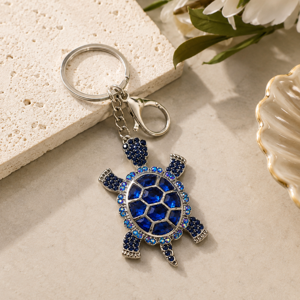 Crystal Blue Turtle Decorative Metal Keychain with Clip