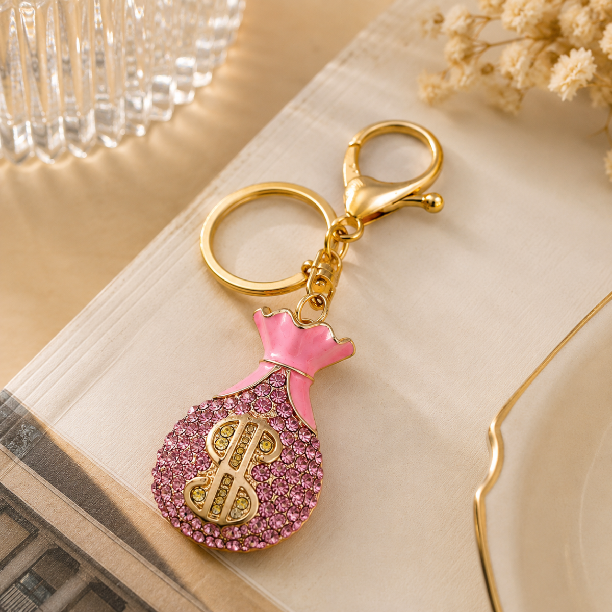 Pink Crystal Money Bag Decorative Metal Keychain with Clip