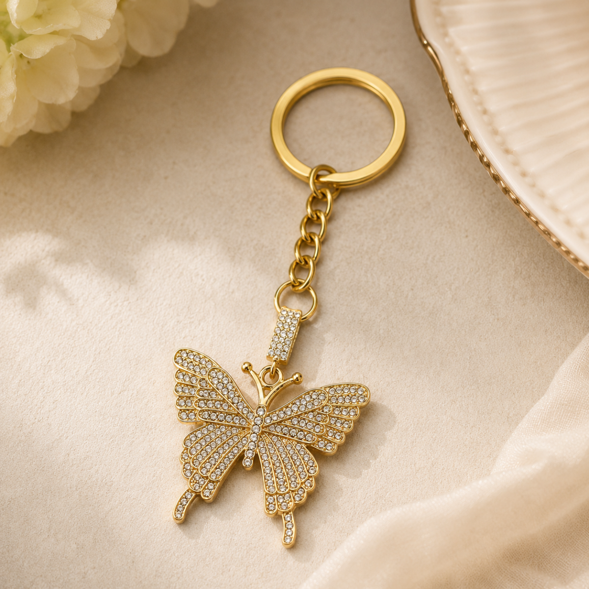 Butterfly Decorative Metal Keychain with Crystal-Style Accents