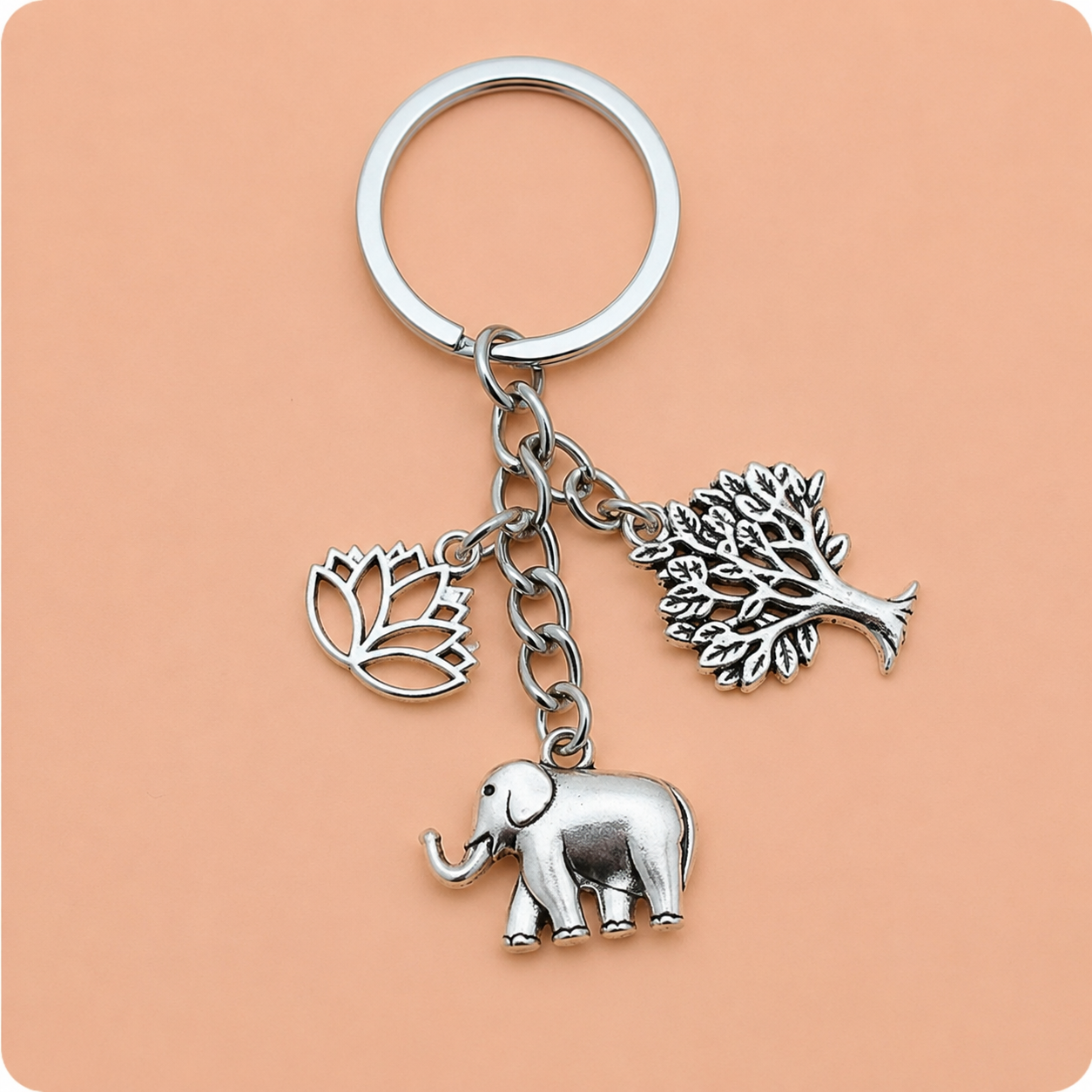 Elephant, Lotus & Tree Metal Keychain
