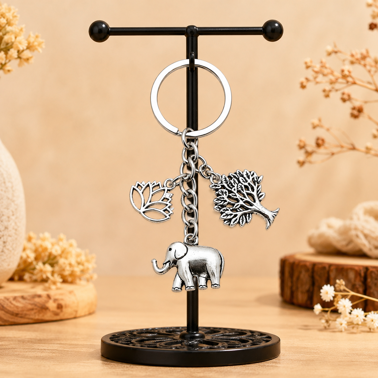 Elephant, Lotus & Tree Metal Keychain - Image 3