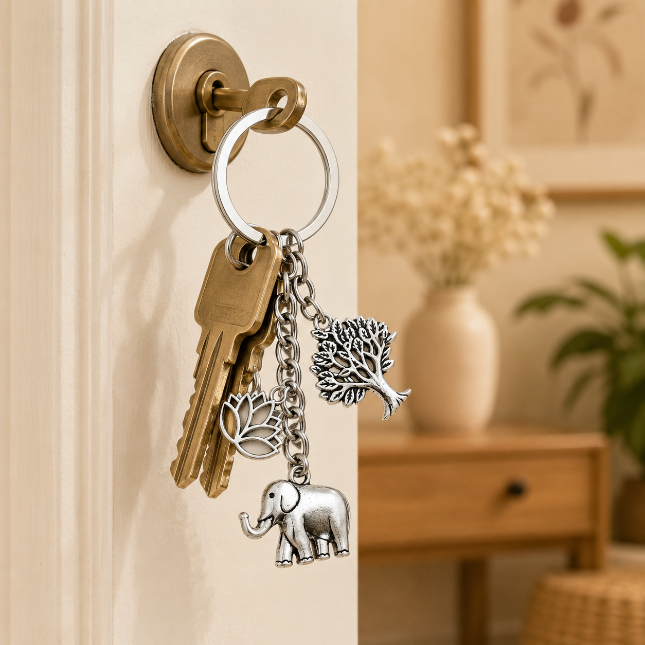Elephant, Lotus & Tree Metal Keychain - Image 2