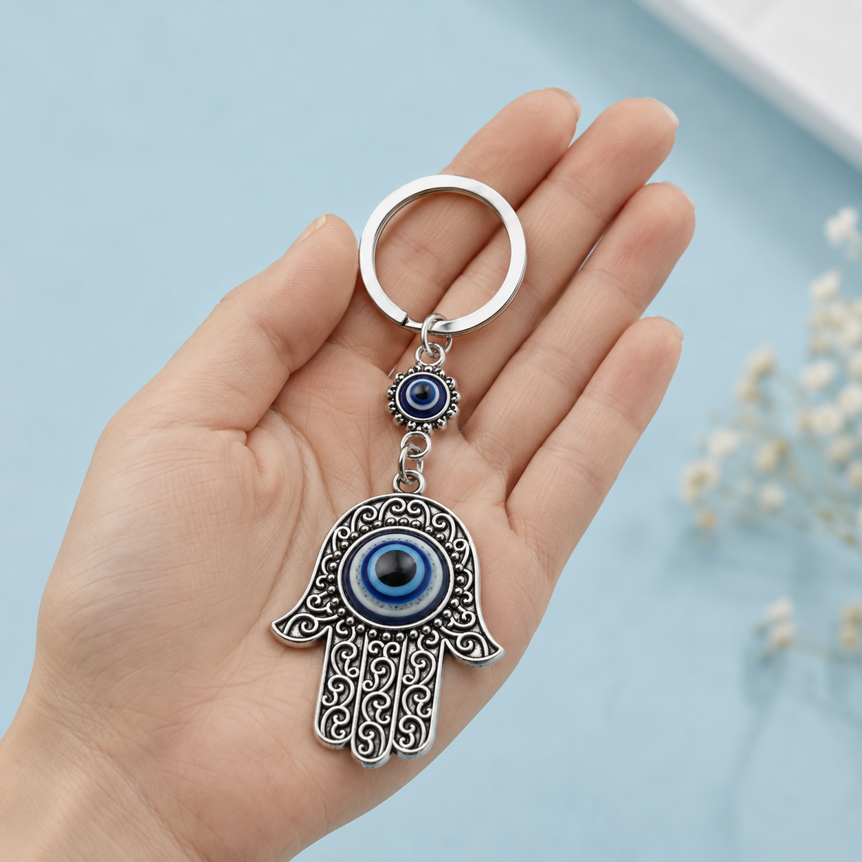 Blue Evil Eye Hamsa Hand Metal Keychain