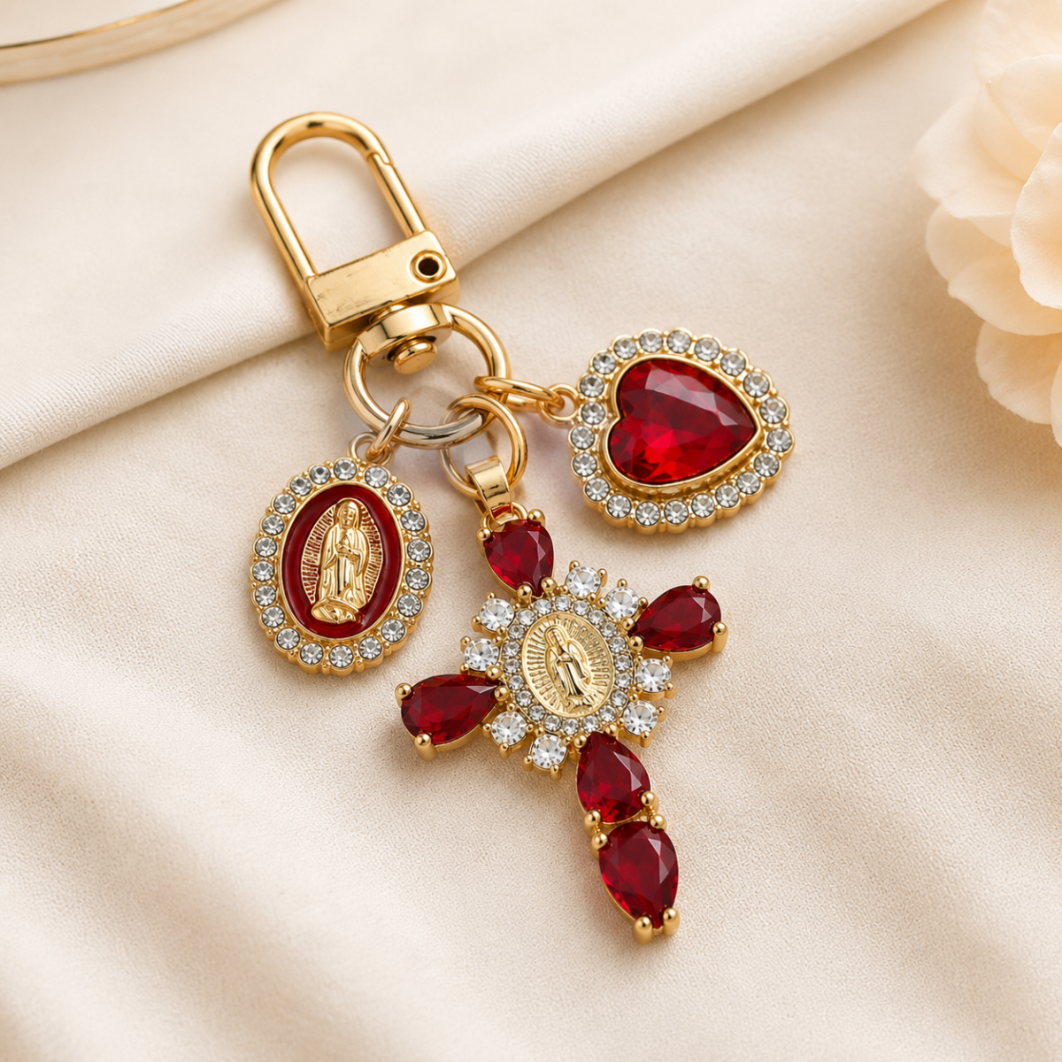 Red Crystal Cross Metal Keychain
