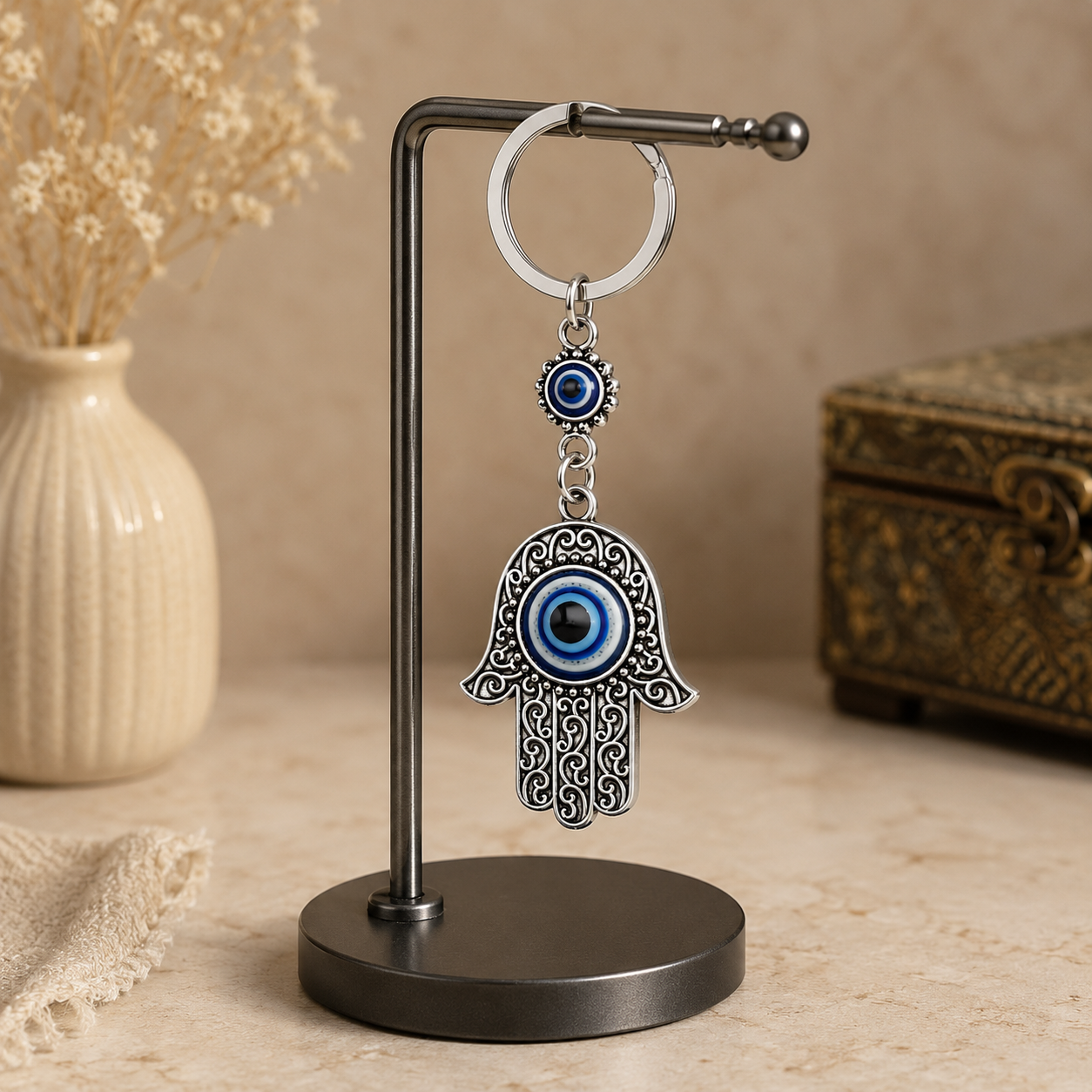 Blue Evil Eye Hamsa Hand Metal Keychain - Image 4