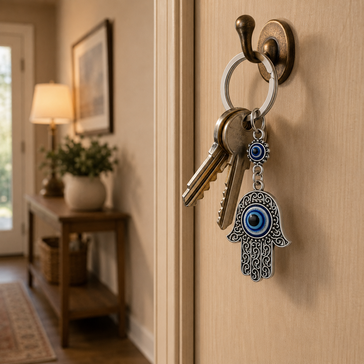 Blue Evil Eye Hamsa Hand Metal Keychain - Image 2
