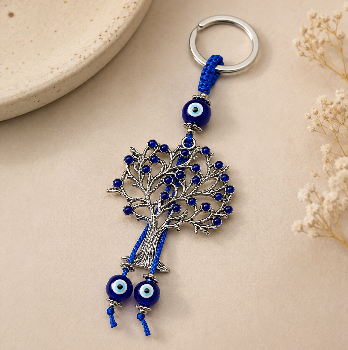 Blue Evil Eye Tree of Life Metal Hanging Keychain