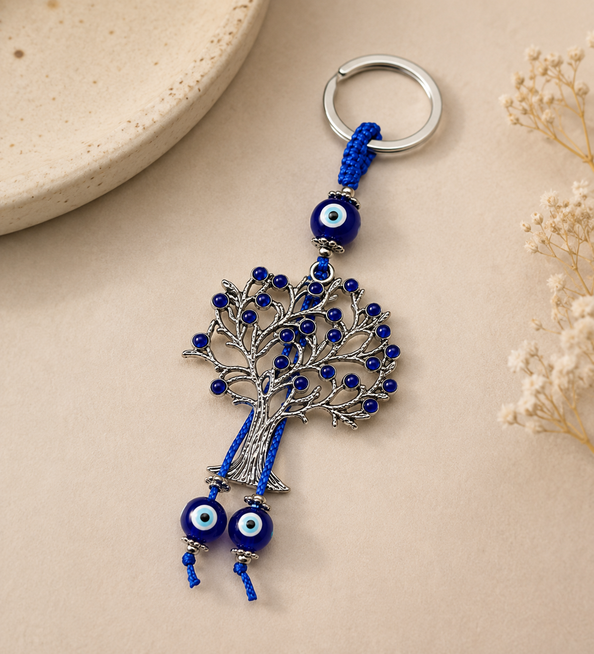 Blue Evil Eye Tree of Life Metal Hanging Keychain