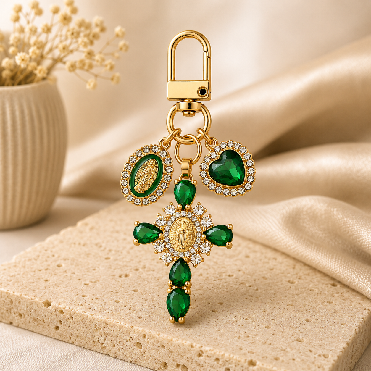 Green Crystal Cross Metal Keychain