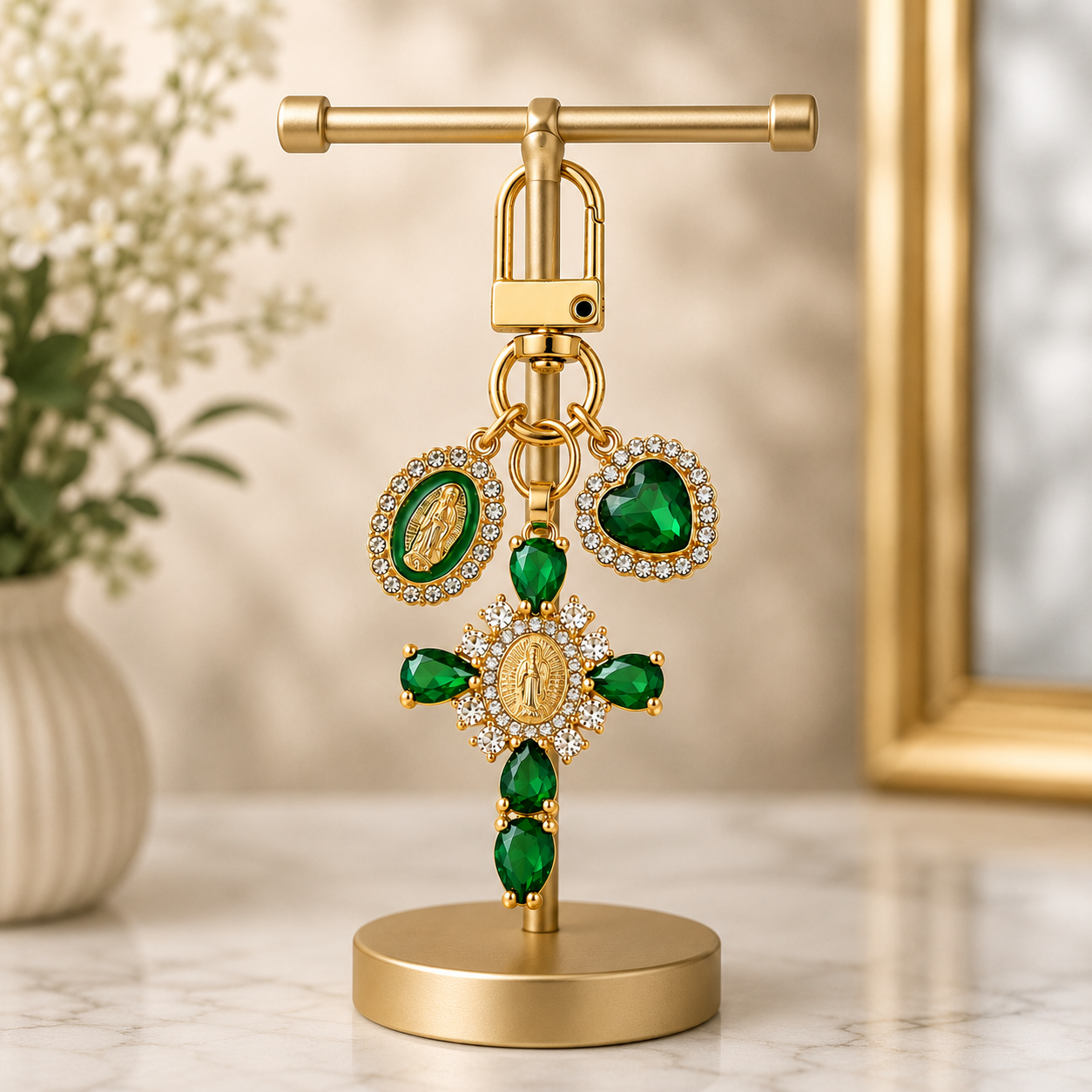 Green Crystal Cross Metal Keychain - Image 4