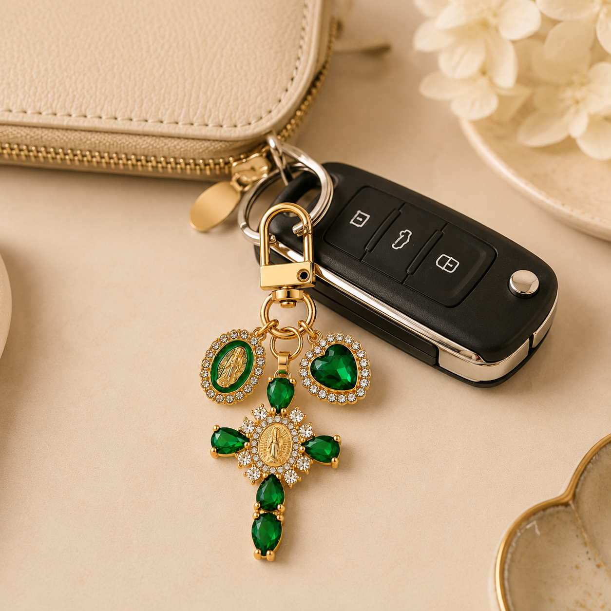 Green Crystal Cross Metal Keychain - Image 3