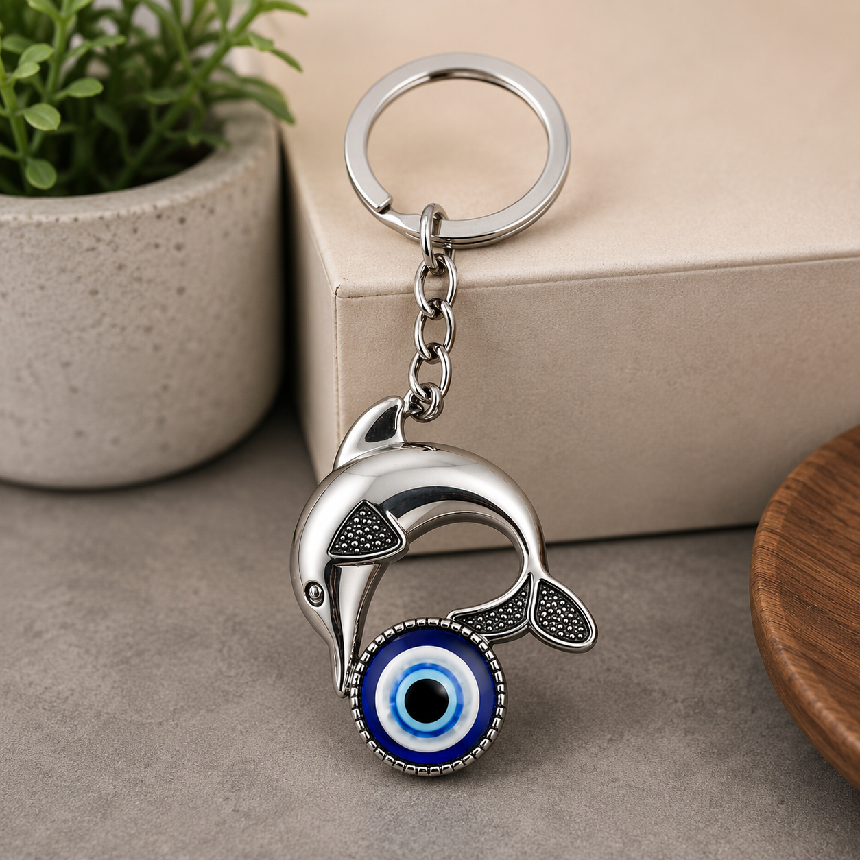 Dolphin Evil Eye Metal Keychain