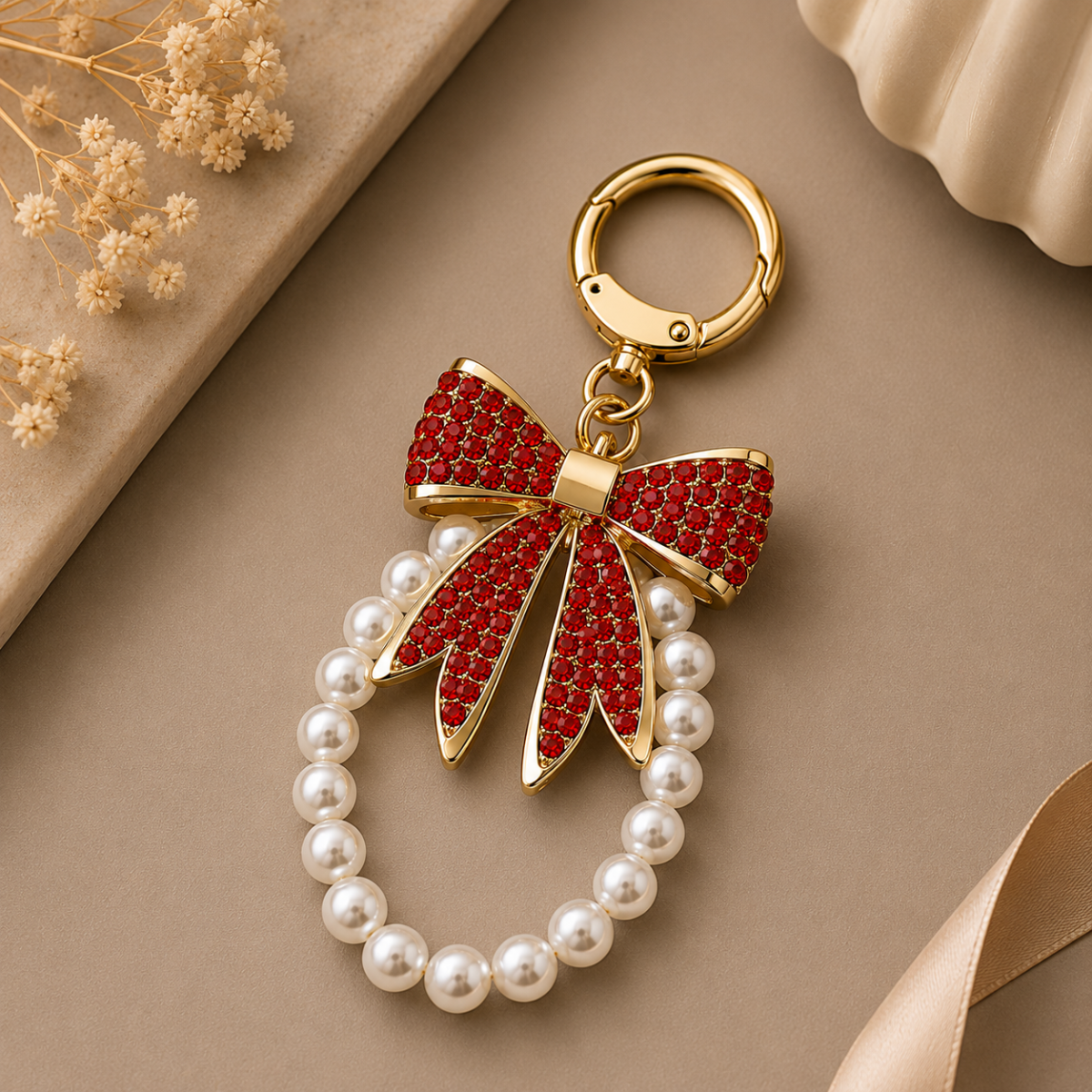 Red Designer Bow Pearl Charm Keychain